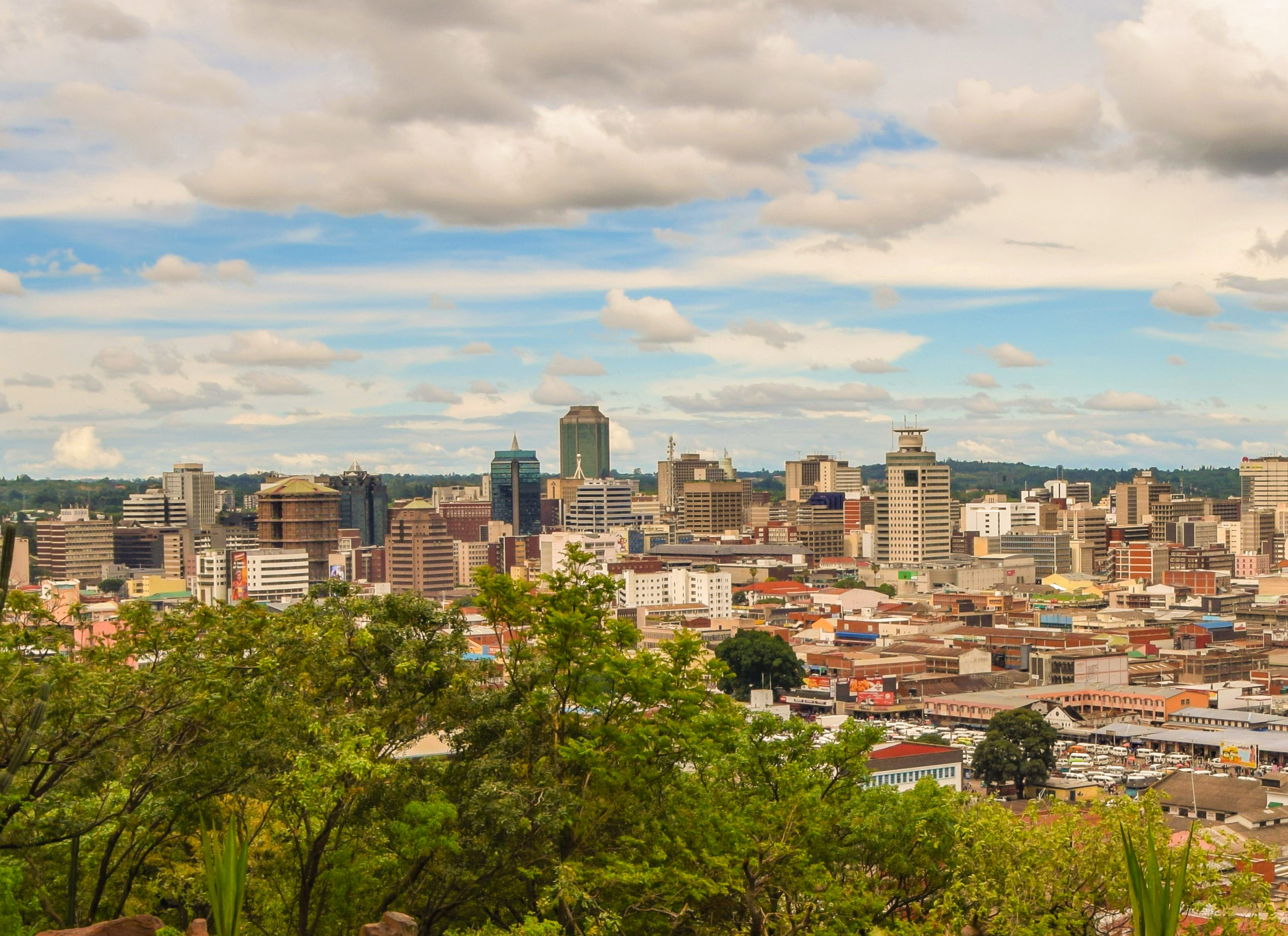 High angle view of buildings and park in midtown Harare, Zimbabwe