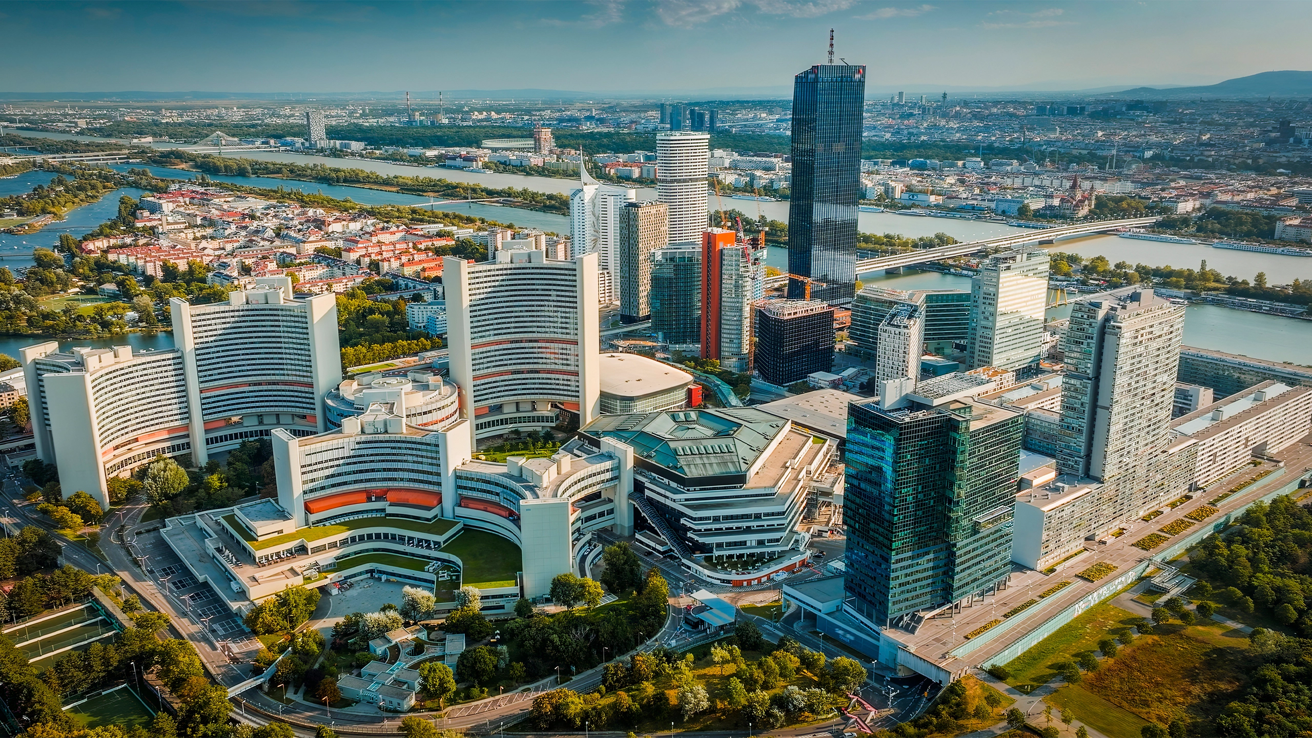 Aerial view of Donau City and UNO City in Vienna, Austria