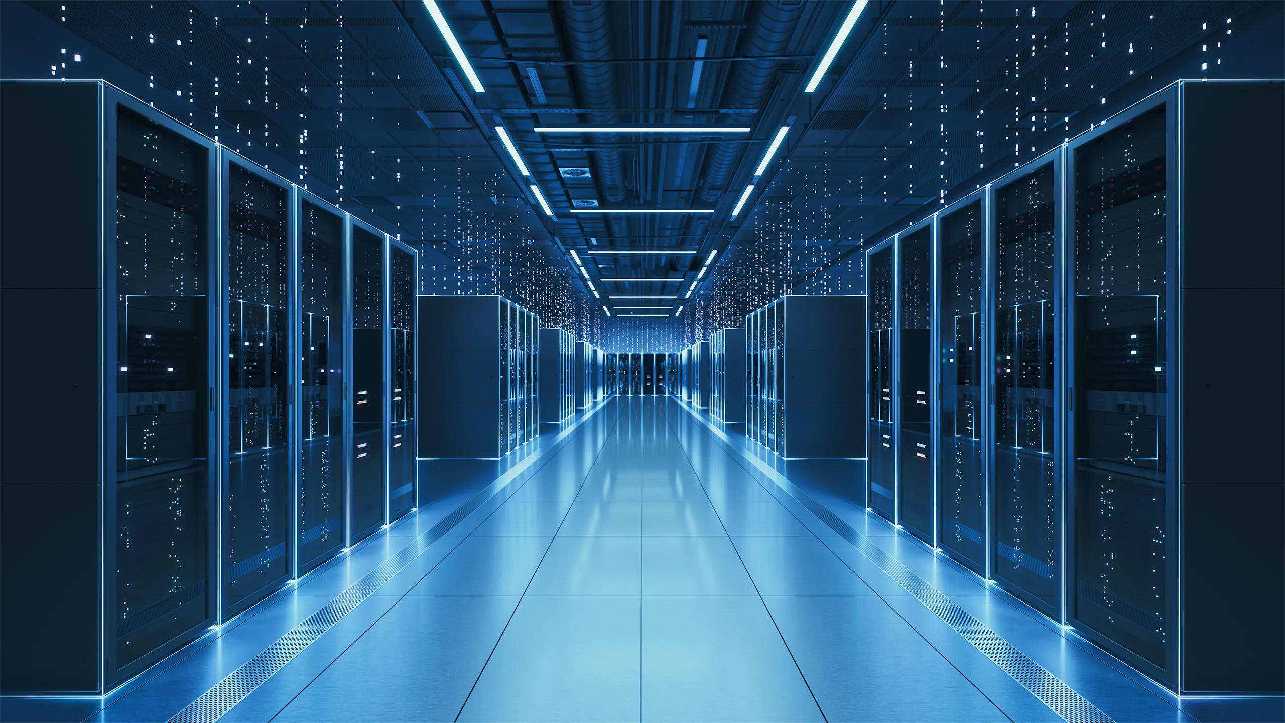 Interior view of a futuristic data center designed for artificial intelligence processing, featuring glowing servers and digital data streams.