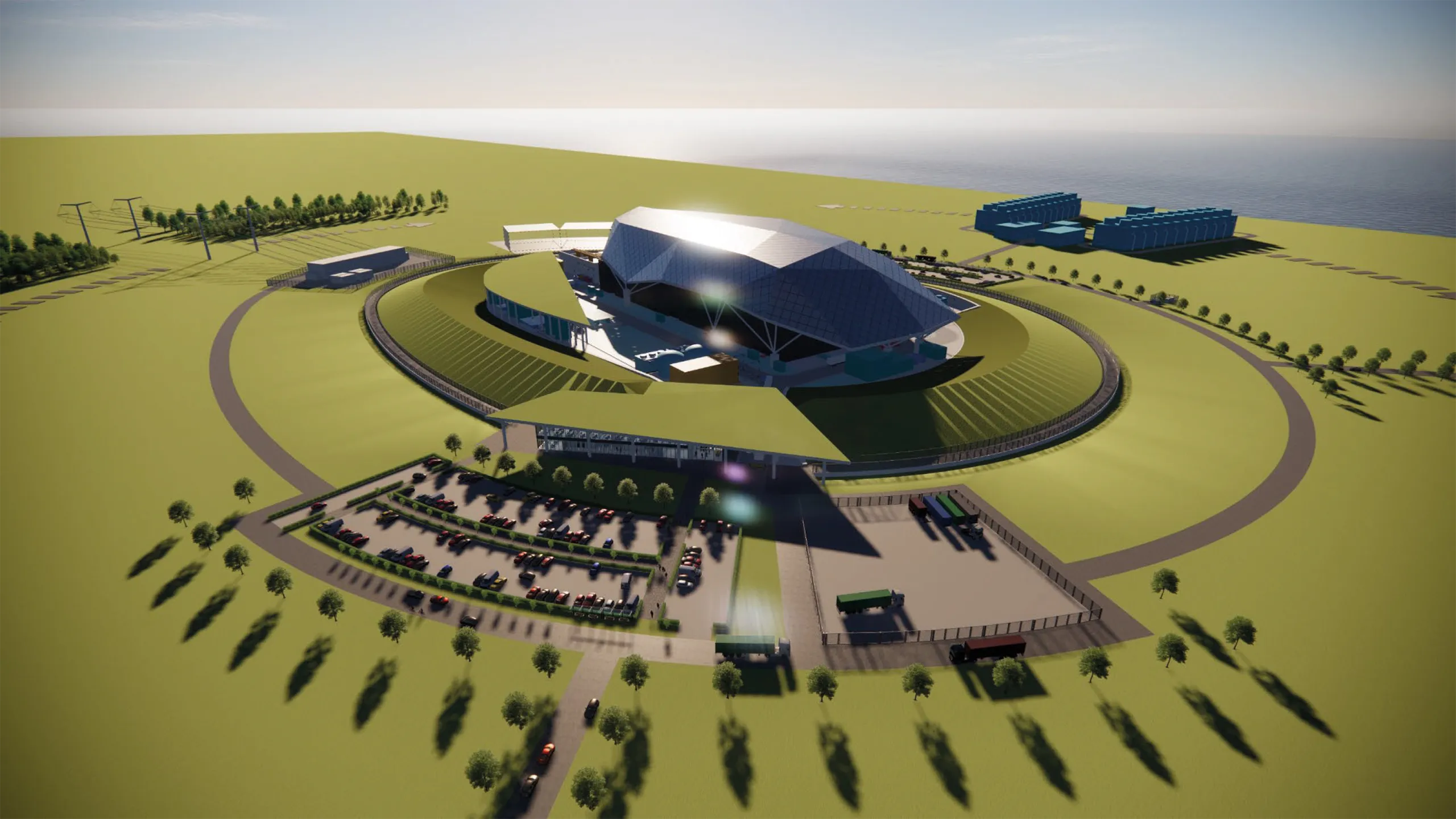 Artistic impression aerial view of a circular Rolls Royce SMR featuring a central modern building surrounded by landscaped green space.