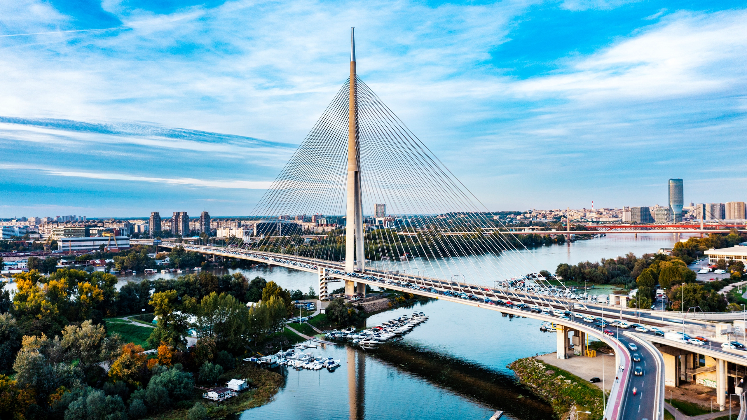 New, modern bridge on the river Sava, Belgrade, Serbia