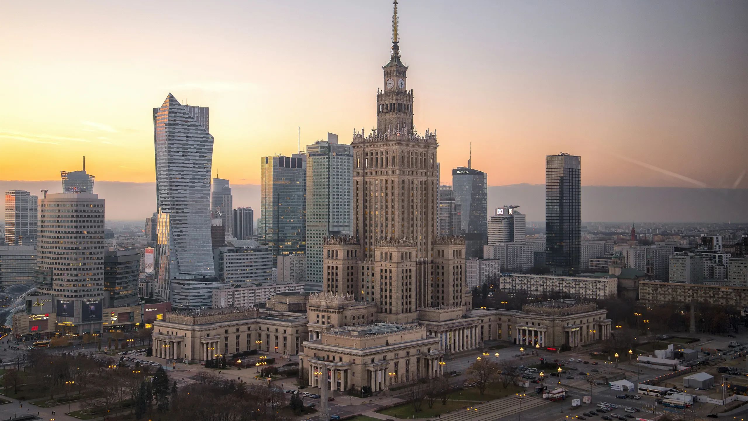 Warsaw urban skyline cityline panorama at autumn sunset