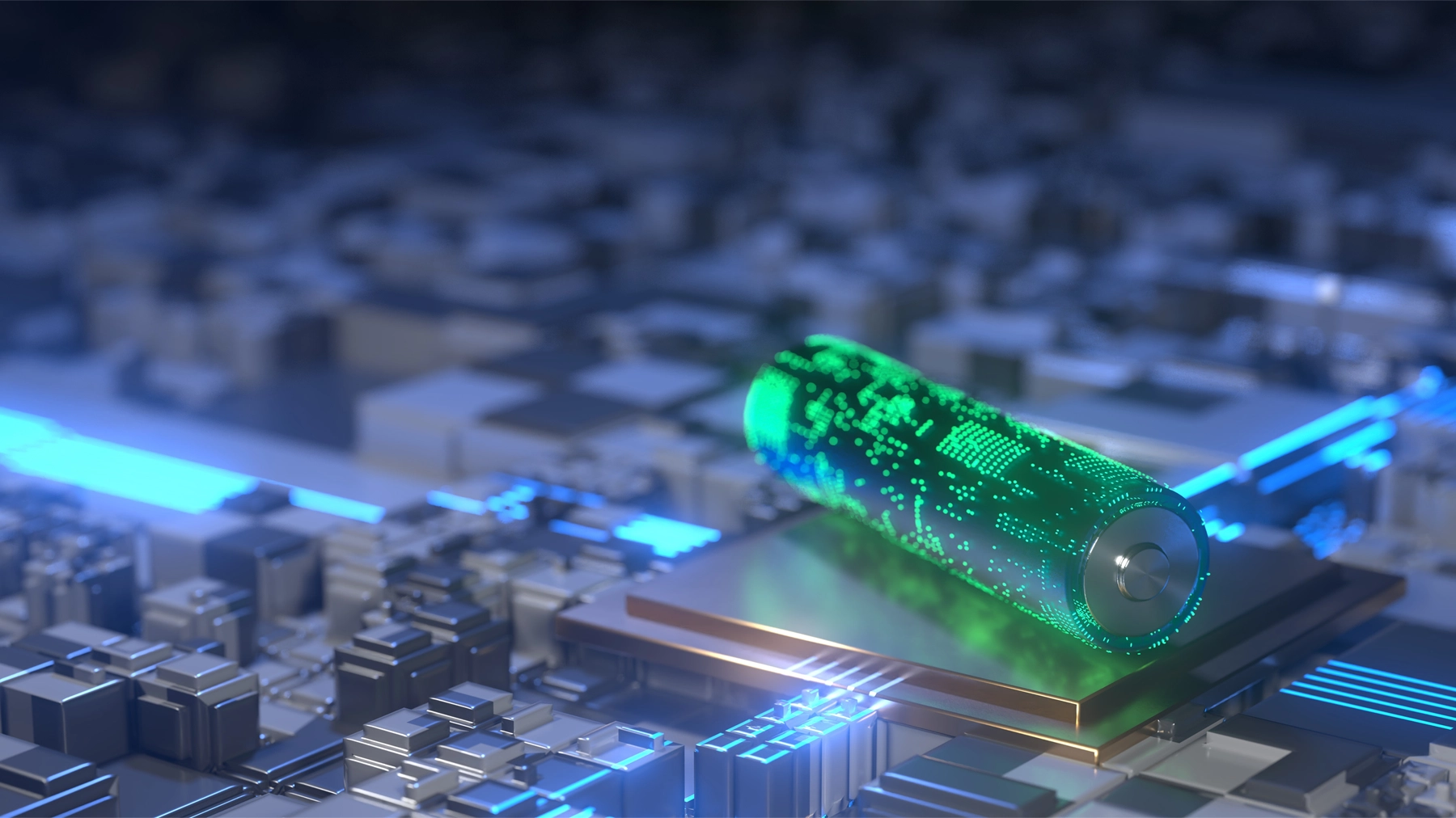 Grey electrical board with glowing green cylinder shaped battery 