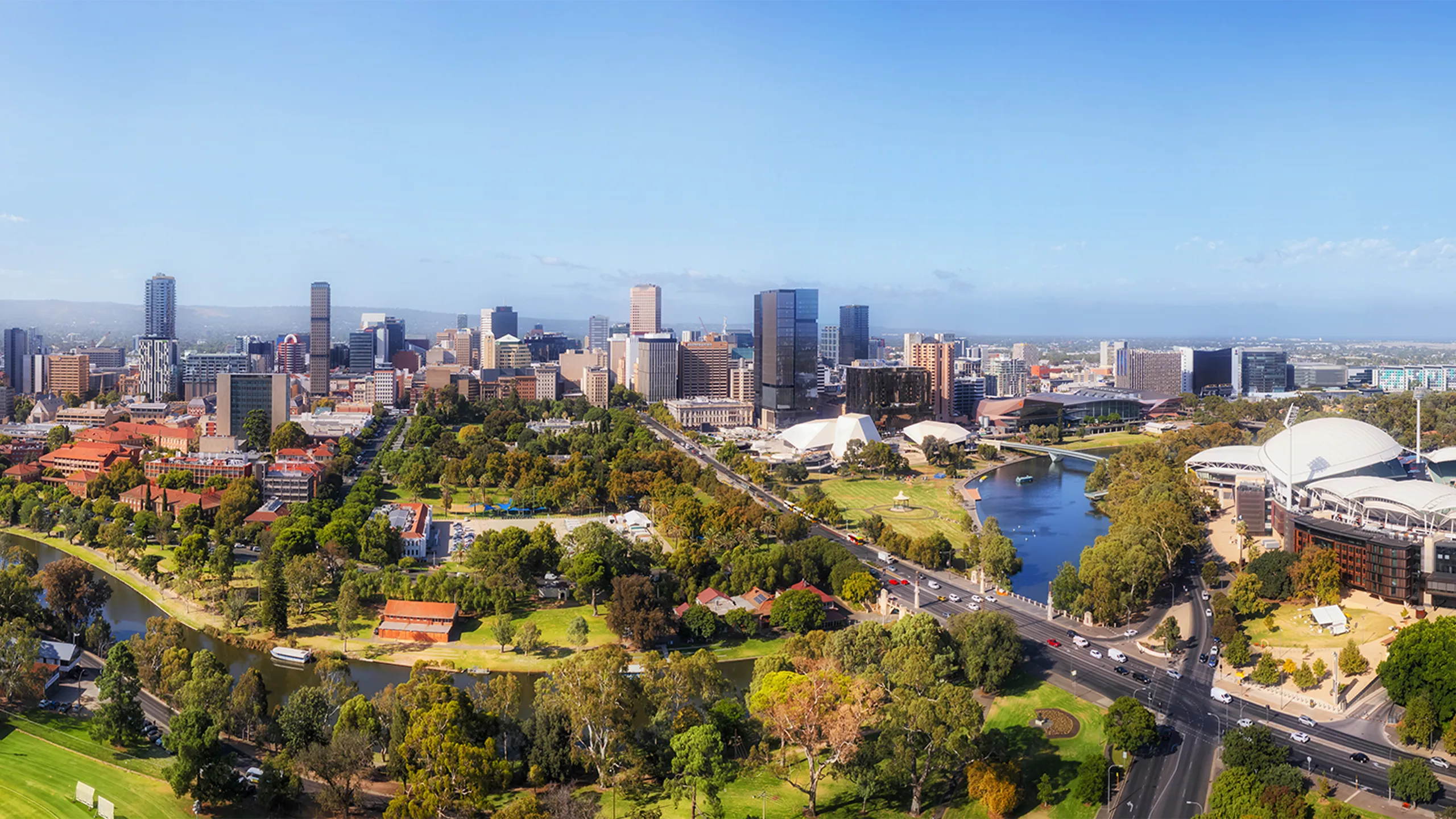 Aerial panoramic skyline of Adelaide city in South Australia on Torrens river.