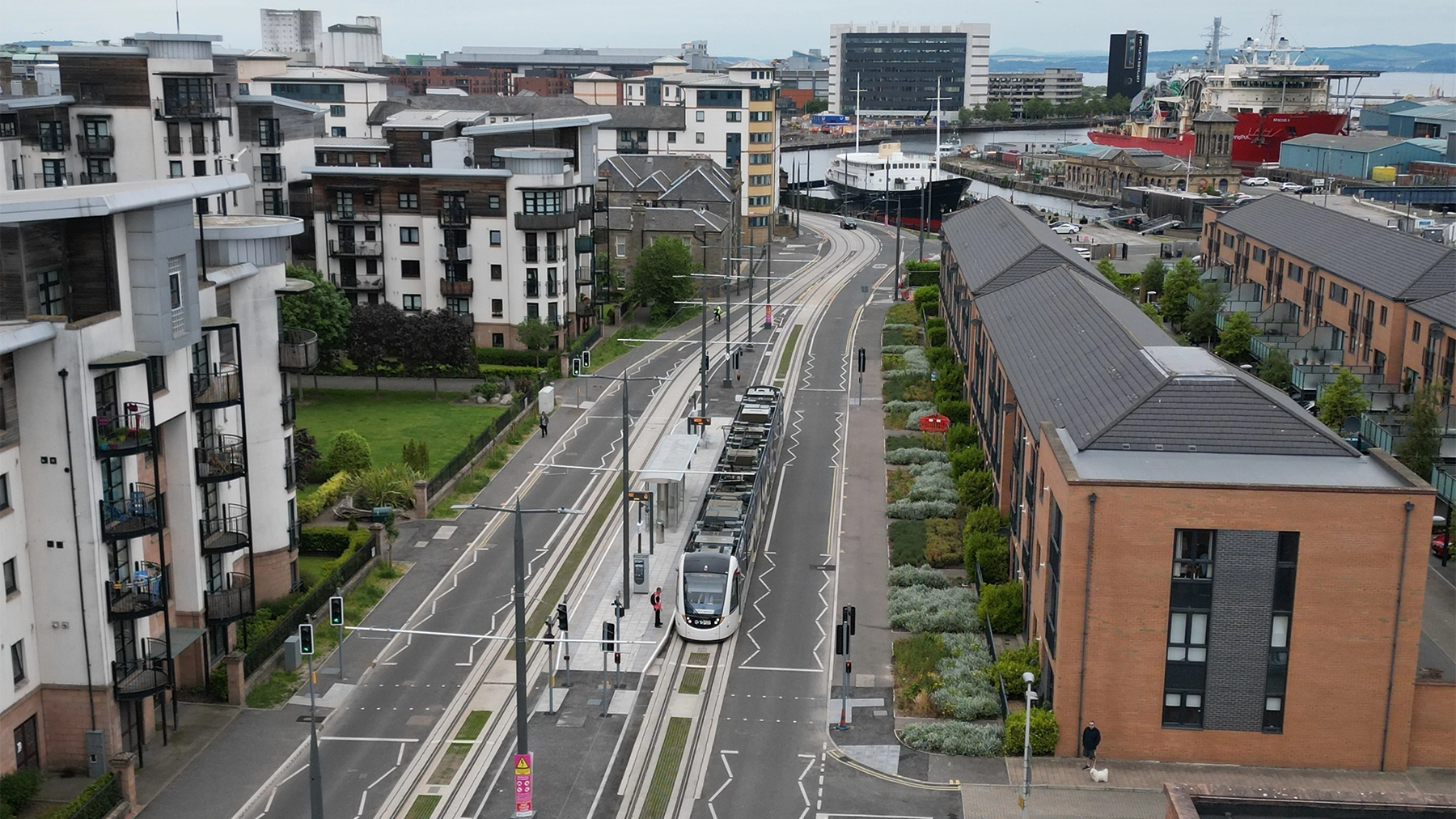 Drone shot of Edinburgh Trams in action.