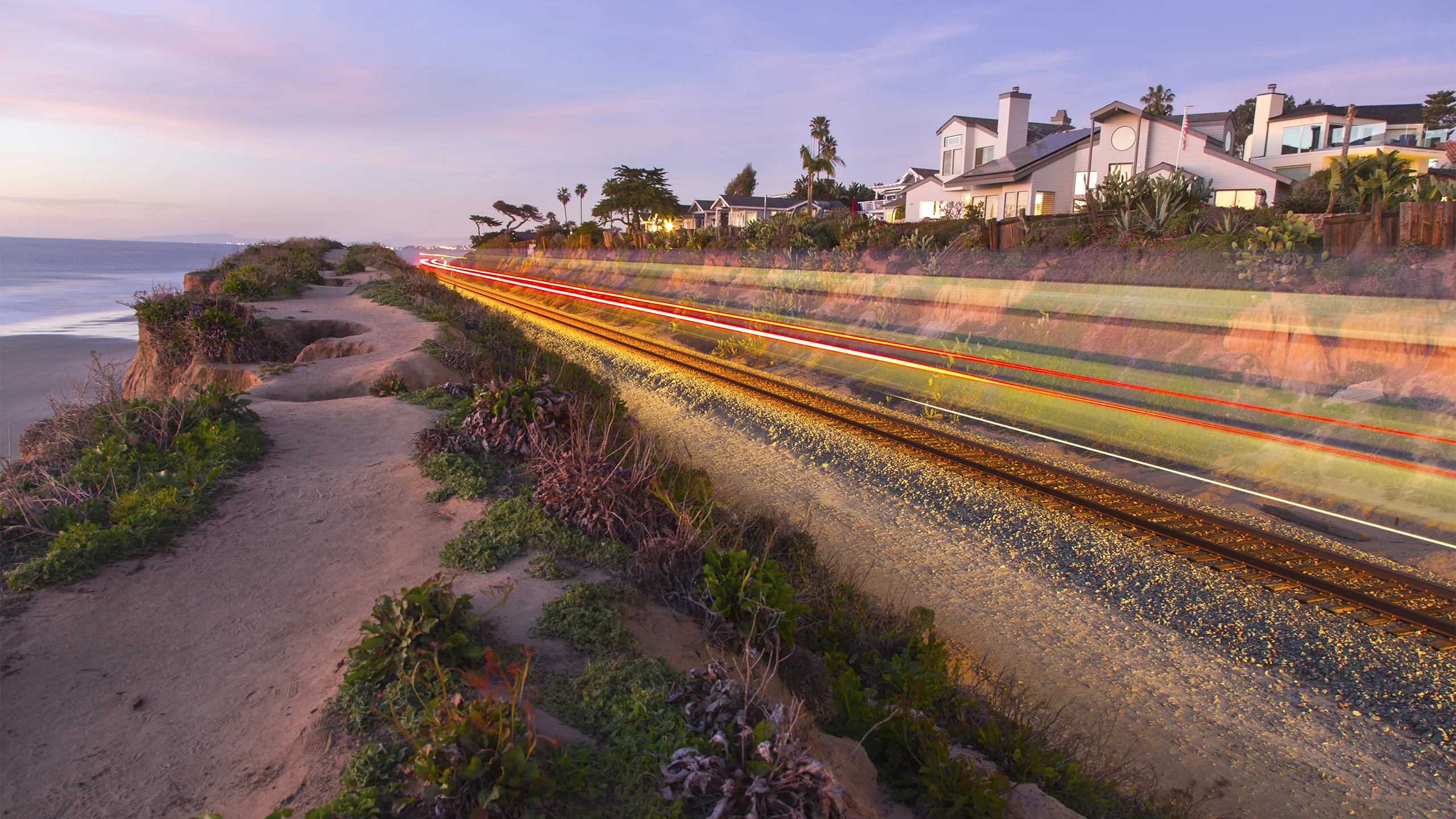 Railway Tracks along Southern California Pacific Ocean Coastline in Del Mar, San Diego County