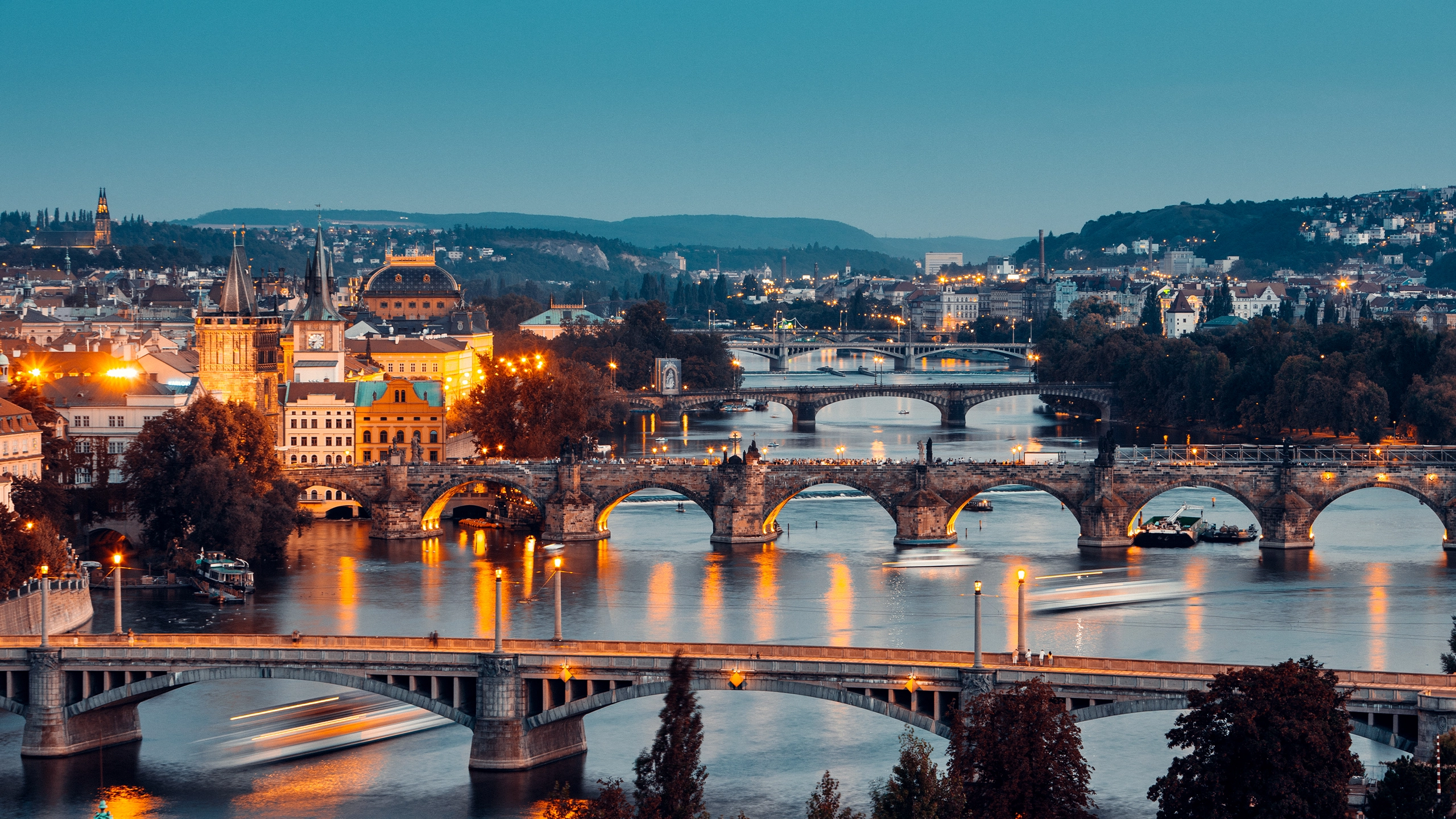 Prague cityscape with Vltava River and Charles Bridge