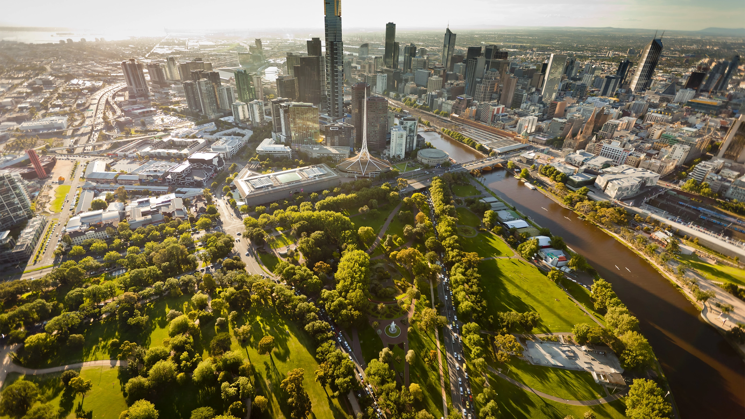 Australian city centre on the river with skyscrapers in the background