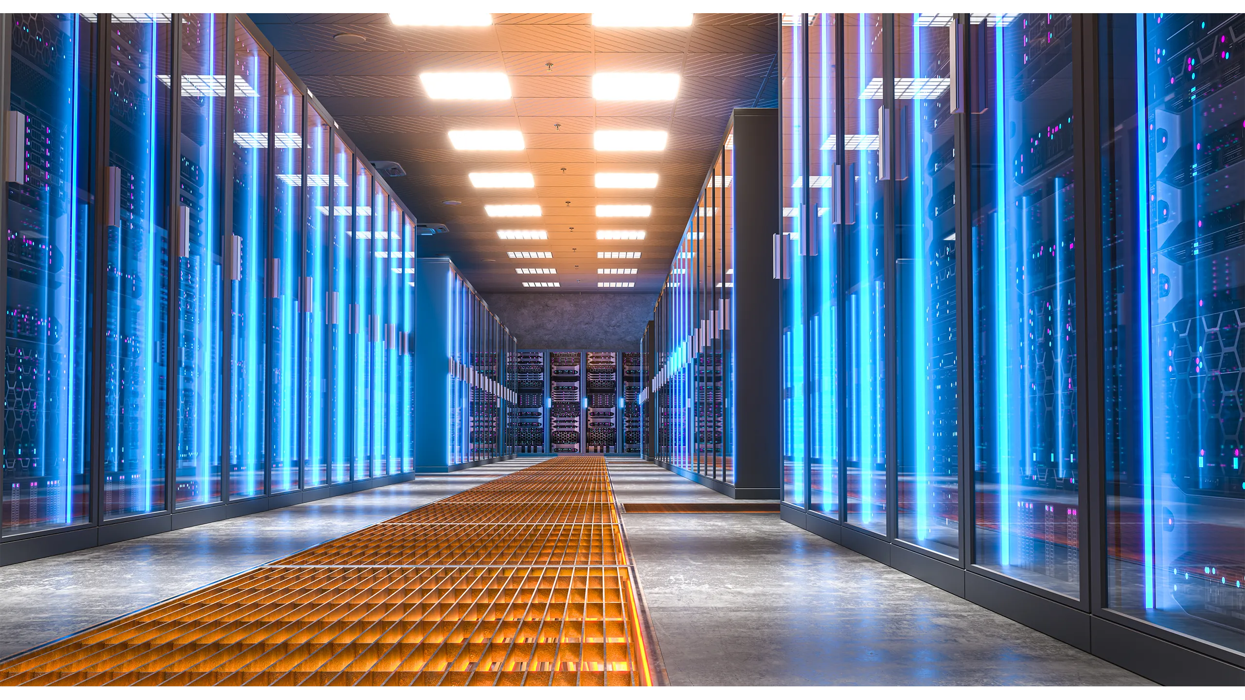 Modern server room with bright blue lights illuminating the corridor and server racks