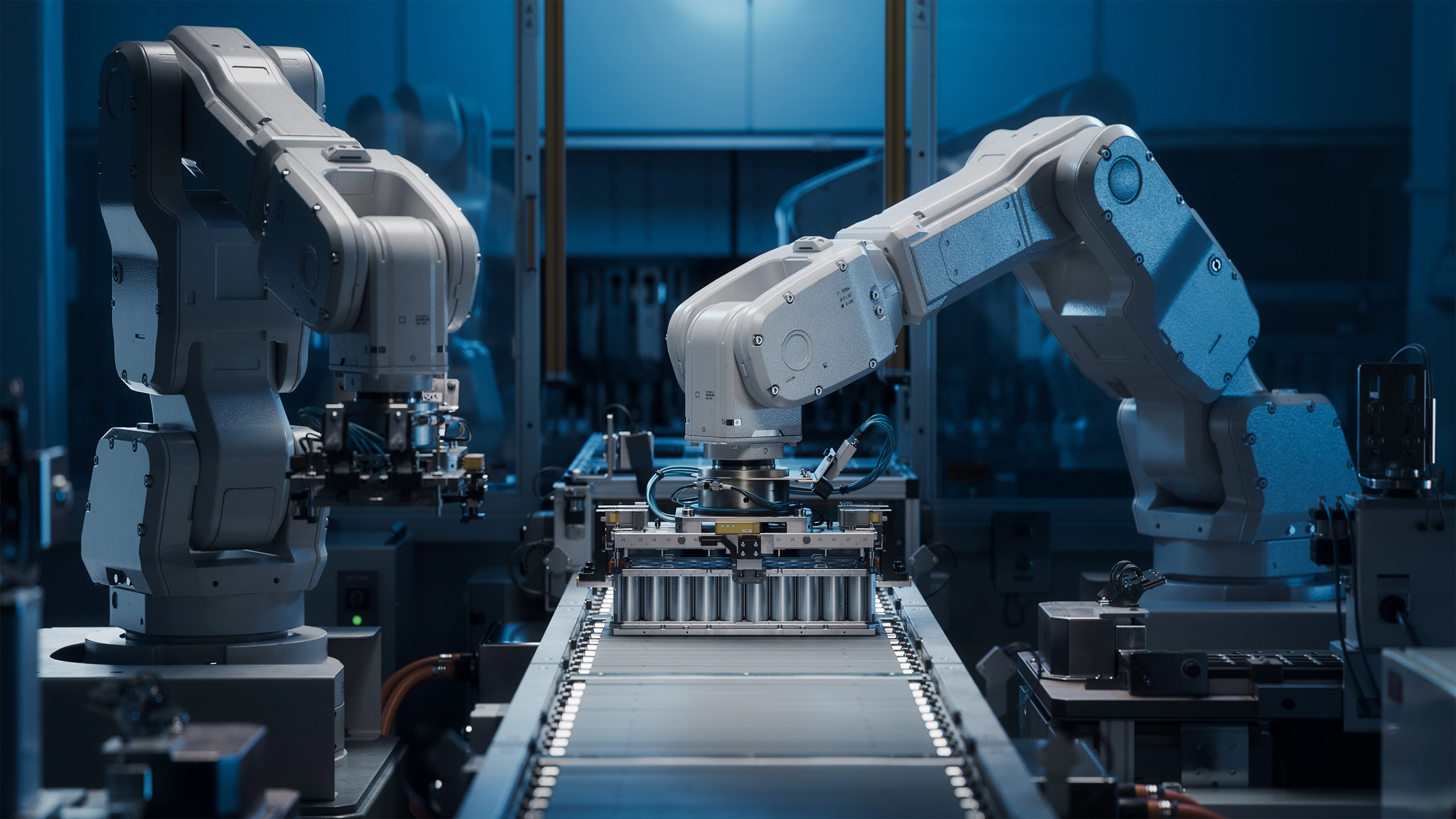 White Robot Arms on Automated EV Battery Components Production Line. 