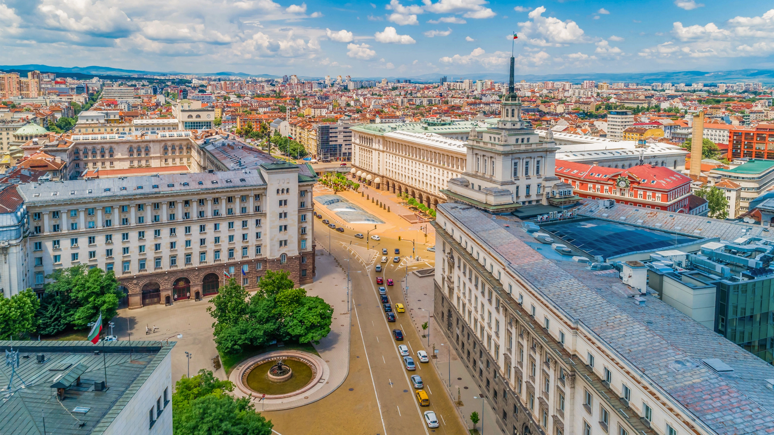 Wide aerial drone shot of downtown district, Sofia city, Bulgaria.