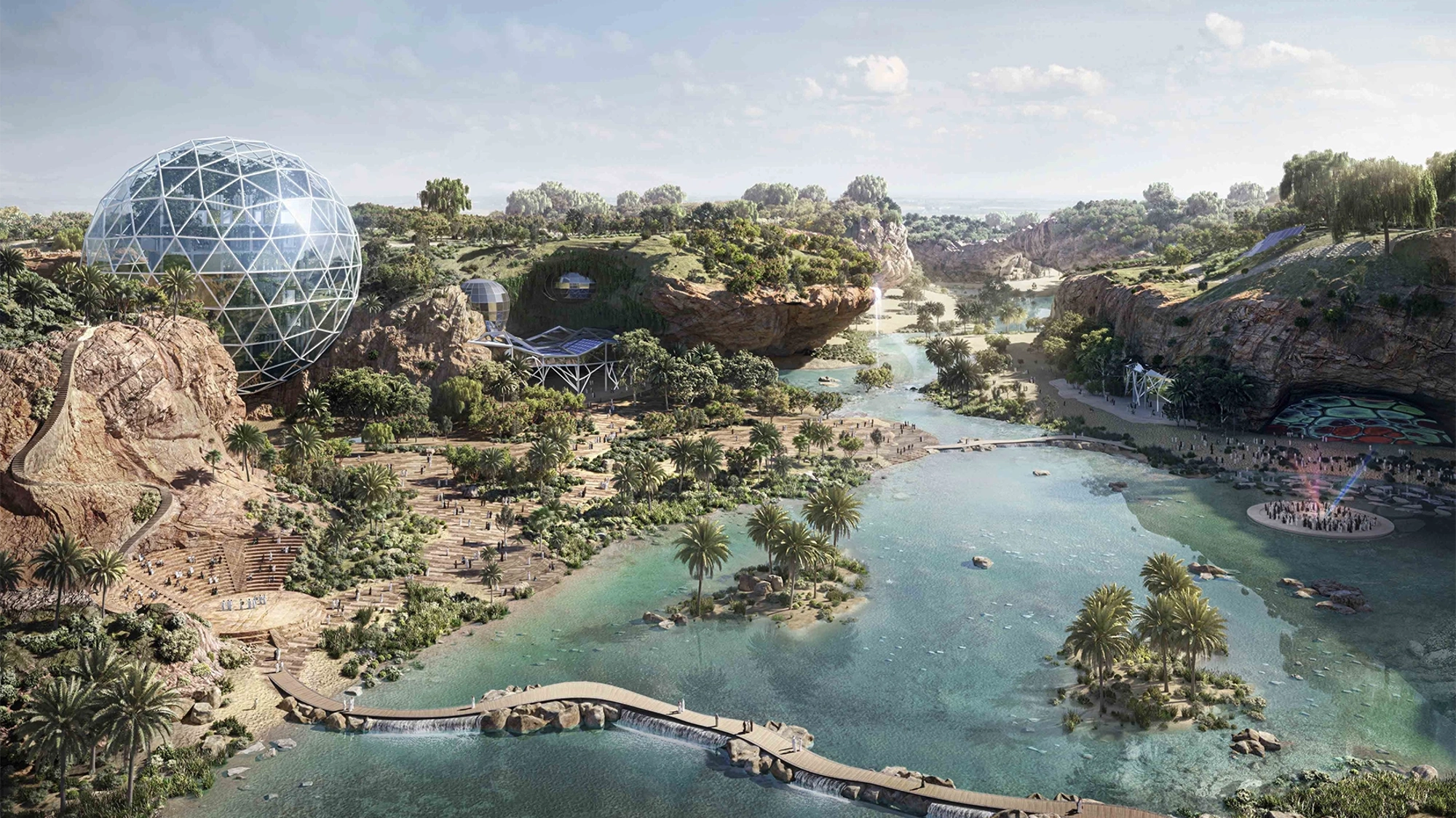An image of King Salman Park with a blue river running through the middle of a green area and a futuristic, silver dome on the left bank. 